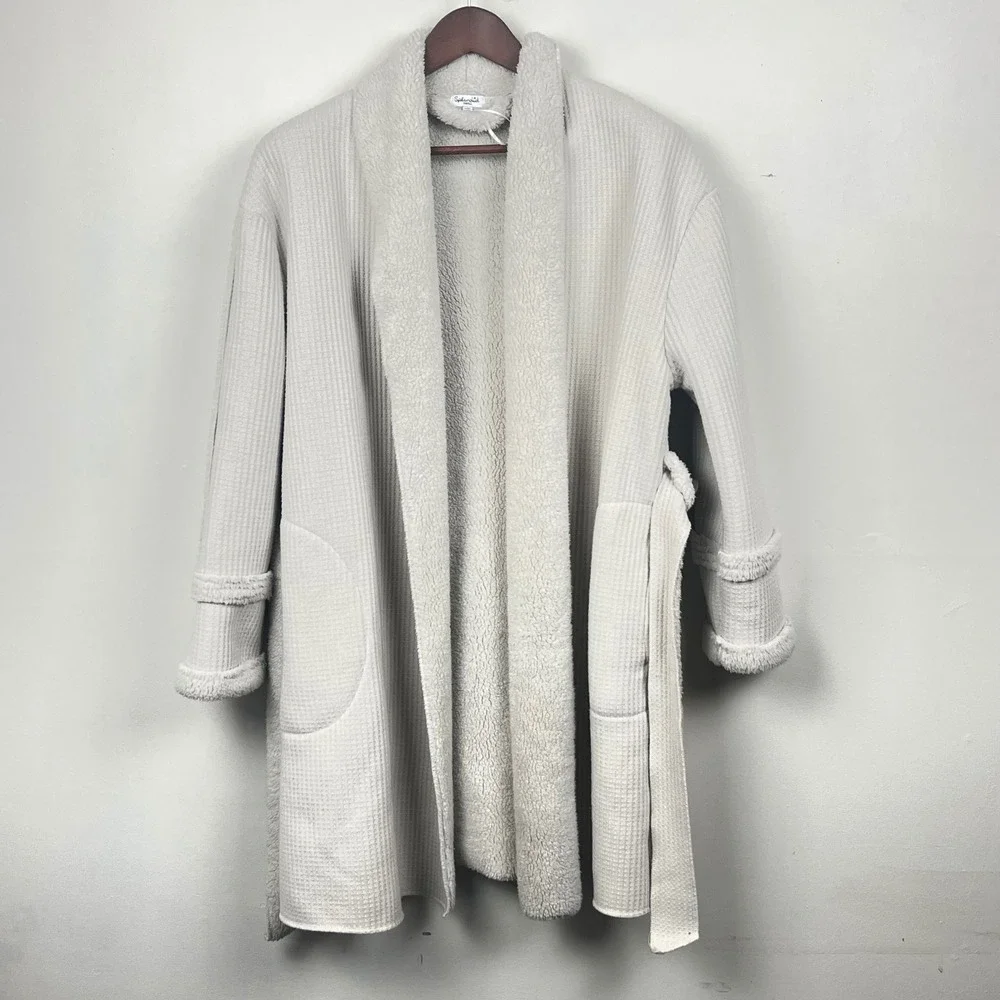 Splendid Waffle Knit Faux Shearling Lined Robe Cardigan Cream RW0K27R Womens Sm